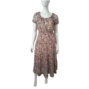 Figueroa & Flower Anthropologie Dress Womens L Midi Floral Smoked Waist Milkmaid